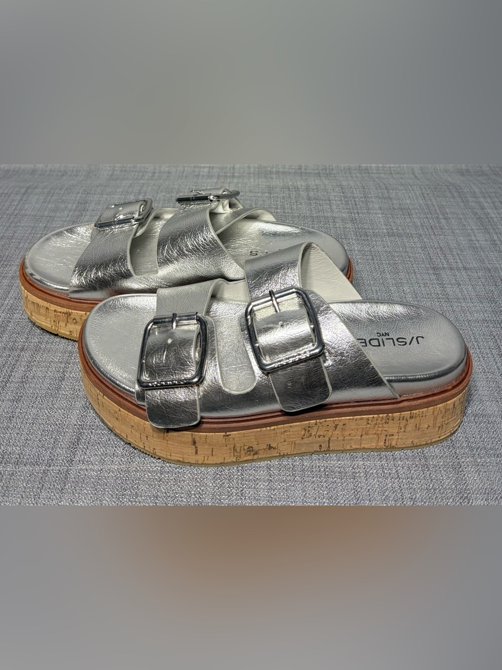 J/Slides Belinda Platform Slide Sandals Silver Metallic Leather Size 7.5 - Picture 4 of 8